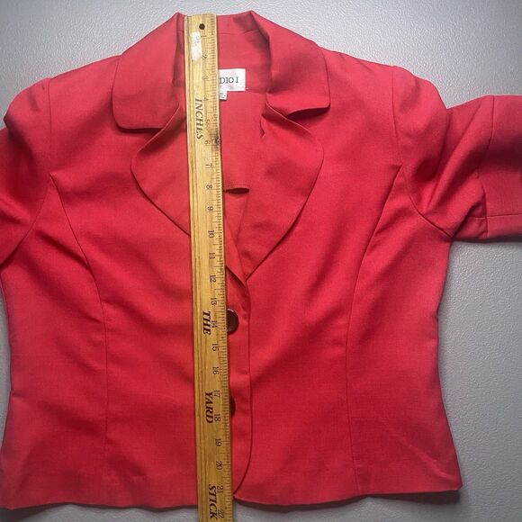 Vtg 80s STUDIO I Skirt Set Suit Short Sleeves Ruffled A-Line Womens 10 Red Black - Picture 11 of 16